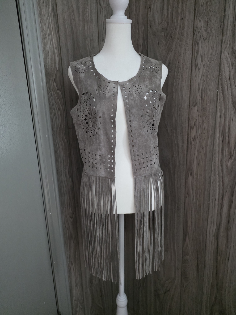Abella Gray Suede Laser-Cut Fringe Vest